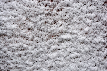 White, fluffy snow glued to a dark metal sheet, winter white background. 