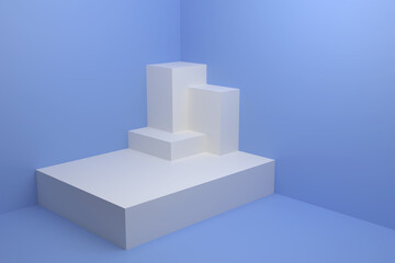 Abstract furniture in the corner of the room with blue walls and blue floor. White fused rectangular geometric bodies in the corner. 3D render..