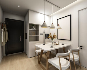 3D rendering, spacious dining room design next to the modern kitchen, with a beautiful dining table and greenery