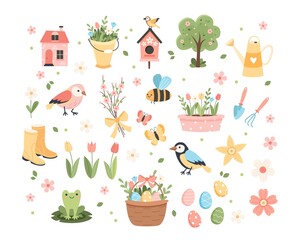 Spring elements collection - cute birds, bees, flowers, butterflies. Easter eggs. Hand drawn flat cartoon elements. Vector illustration
