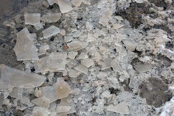 Broken transparent ice, small pieces of ice crust lie near a frozen puddle and float in the water. Spring is warming, the ice is melting on the street. 
