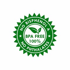 BPA free logo template illustration. No phthalates and no bisphenol, safe food package stamp, check mark and green leaf