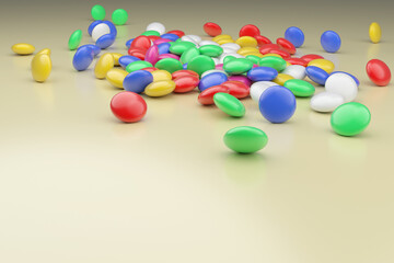 Multi-colored dragees scattered on the table. Red, green, blue, white, yellow tablets of medicines on a yellow surface. 3D render.