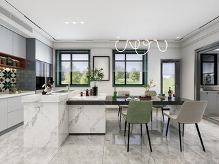 3D rendering, spacious dining room design next to the modern kitchen, with a beautiful dining table and greenery
