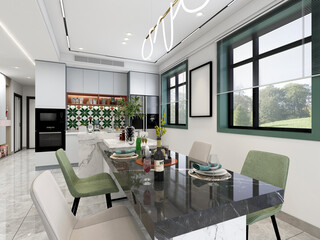 3D rendering, spacious dining room design next to the modern kitchen, with a beautiful dining table and greenery