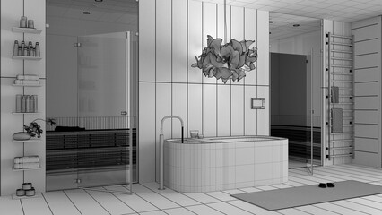 Unfinished project draft, modern wooden spa room, bathroom, wellness center with bathtub, sauna room with glass doors, rack with towels, shelves, lamp. Interior design concept idea
