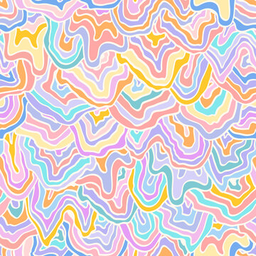 Abstract colorful retro seamless pattern. Vintage multicolored vector illustration. Fluid lines print for fabric, stationery, any surface. Marbled texture, liquid stripes