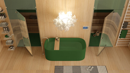 Minimalist wooden spa room in green tones, bathroom, wellness center, bathtub, sauna room with glass doors, rack with towels, carpet, pendant lamp, top view, above. Interior design