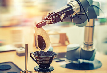 automatic robot arm preparing coffee with coffee machine