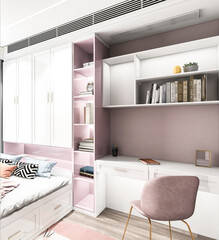3D rendering ,The elegant and spacious bedroom design of the modern apartment has a coat cabinet beside the big bed, as well as a bucket cabinet and green plants