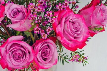 Large pink purple rose bouquet with wax flowers for Valentines Day