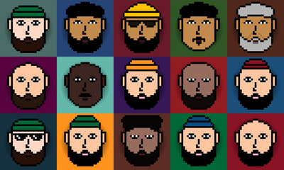 A set of art avatars in a pixel stele with the faces of men of different nationalities, different styles and ages