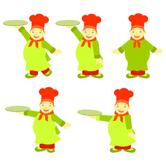 A set of cheerful cooks in green clothes. Cook standing in different poses.