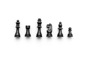 Flatlay of chess pieces, top view. Chess game as victory concept