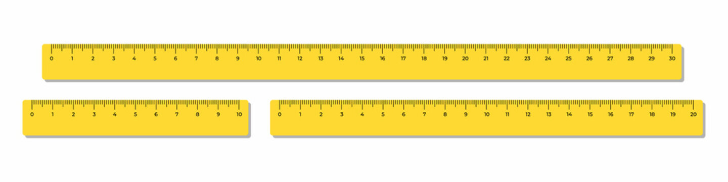 Vector illustration yellow plastic tape rulers 10, 20 and 30 cm isolated on white background. Set of realistic school measuring rulers in flat style. Measuring tools.