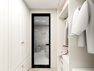 3D rendering ,The elegant and spacious bedroom design of the modern apartment has a coat cabinet beside the big bed, as well as a bucket cabinet and green plants.