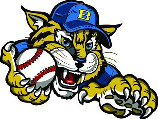 bobcat mascot wearing a ball cap and holding baseball for school, college or league