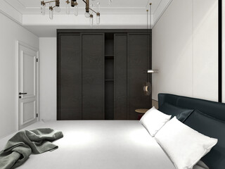 3D rendering ,The elegant and spacious bedroom design of the modern apartment has a coat cabinet beside the big bed, as well as a bucket cabinet and green plants.
