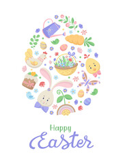 Happy Easter postcard. Set of cute holiday elements on white background. Rabbit, eggs, chick, hen, Easter cake and basket with flowers. Flat vector illustration.