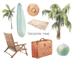 Watercolor summer vacation set. Isolated travel items isolated on white background. Beach decorative elements - 493240704