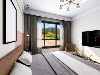3D rendering ,The elegant and spacious bedroom design of the modern apartment has a coat cabinet beside the big bed, as well as a bucket cabinet and green plants.