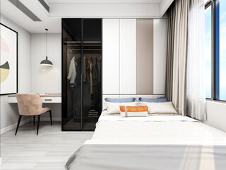 3D rendering ,The elegant and spacious bedroom design of the modern apartment has a coat cabinet beside the big bed, as well as a bucket cabinet and green plants.