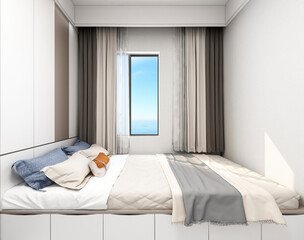 3D rendering ,The elegant and spacious bedroom design of the modern apartment has a coat cabinet beside the big bed, as well as a bucket cabinet and green plants.