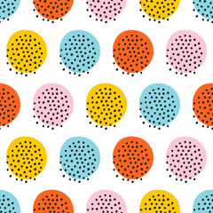 White seamless pattern with colorful circle with black dots.