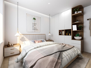 3D rendering ,The elegant and spacious bedroom design of the modern apartment has a coat cabinet beside the big bed, as well as a bucket cabinet and green plants.