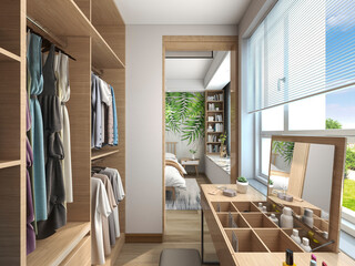 3D rendering ,The elegant and spacious bedroom design of the modern apartment has a coat cabinet beside the big bed, as well as a bucket cabinet and green plants.