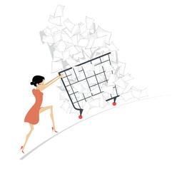 Hard working woman concept illustration. 
Businesswoman pulls a trolley full of papers isolated on white background
