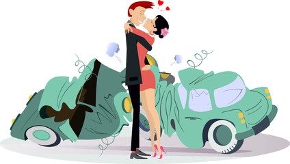 Road accident and kissing love couples illustration. 
Man and woman fall into the road accident and find love
