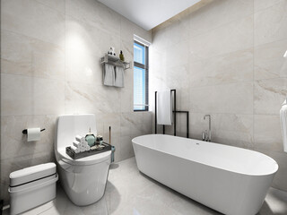 3D rendering,Clean modern residential bathroom and toilet design, which is equipped with washstand, toilet and shower equipment, etc.