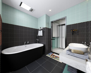 Fototapeta na wymiar 3D rendering,Clean modern residential bathroom and toilet design, which is equipped with washstand, toilet and shower equipment, etc.