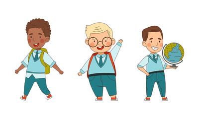 Cute schoolkids in blue uniform going to school set. Happy elementary school student characters cartoon vector illustration