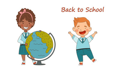 Back to school. Cute schoolkids in blue uniform going to school cartoon vector illustration