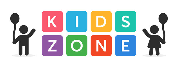 Kids zone text banner isolated on white background.