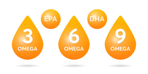 Omega acids icon collection. Fish oil acid EPA DHA 3, 6 and 9 drop symbol vector illustration.