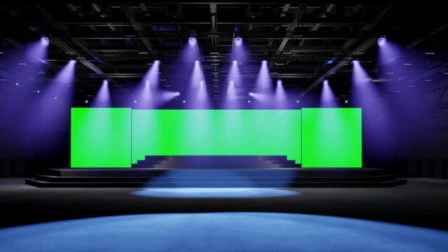 Motion Empty stage Design for mockup and Corporate identity,Display.Stage green screen in hall.Blank screen for Graphic Resources.Scene event led night light staging.Animation loop 4k.3D render.