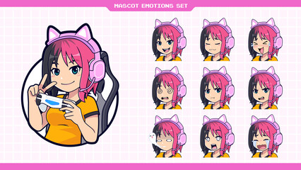 Cute Gamer girl mascot logo with happy, sad, shocked, angry, crying facial expressions set © tkzgraphic