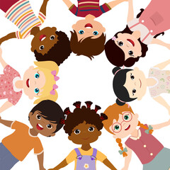 Group of diverse culture and ethnic children holding hands forming a ring.Smiling and happy kids in circle.Friendship between communities of multi-ethnic children from different continents