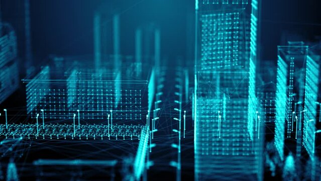 Smart city digital Cityscape hologram wire-frame buildings futuristic style