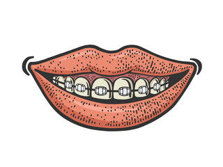 Dental braces smile line art color sketch engraving vector illustration. T-shirt apparel print design. Scratch board imitation. Black and white hand drawn image.
