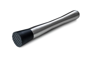 The muddler for the bartender is steel with a plastic tip on a white background.	