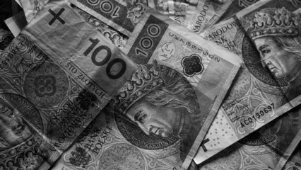 Polskie pieniądze, banknoty PLN czarno białe