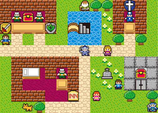 RPG風ドット絵　街と人物