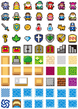 RPG風ドット絵　街と人物セット