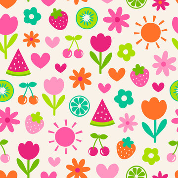 Cute hand drawn flowers and fruits seamless pattern for summer background.