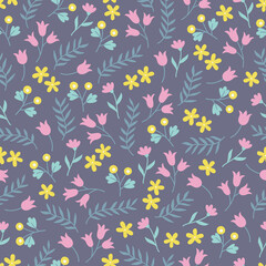 Floral seamless pattern with tulips, leaves, branches. Vector illustration