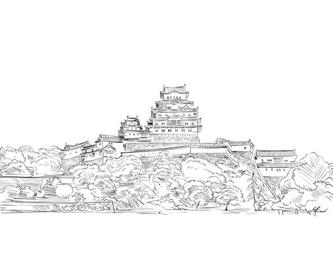 Himeji Castle. Himeji. Japan. Hand drawn sketch. Vector illustration.